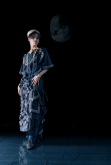 A model showcasing Jake Wobig's fashion designs.