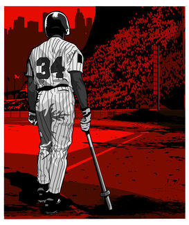 Black, white, and red illustration of a baseball player with their back turned by Mark Skillicorn. 
