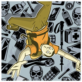Illustration of a sprawling upside-down fair-skinned person against a background of icons representing hazards by Mark Skillicorn. 