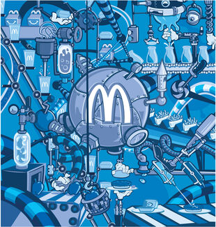 Blue-scale illustration of the interior of a factory with the McDonald's logo by Mark Skillicorn. 