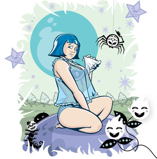 Fantasy illustration by Mark Skillicorn of fair-skinned person with blue hair surrounded by animated sentient characters.
