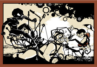 Illustration by Mark Skillicorn of a monkey torturing a bound human on the beach.