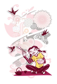Illustration by Mark Skillicorn of a fair-skinned person seated and feeding birds via chopsticks. 