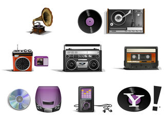 Illustrated icons of various types of music players by Mark Skillicorn. 