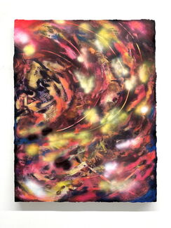 An abstract painting by Rush Baker IV featuring pink, yellow, and blue tones.