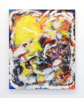 A colorful abstract painting with blue, yellow, white, and orange tones by Rush Baker IV.