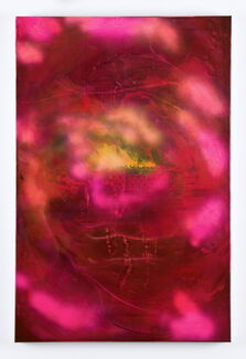 An abstract piece of art by Rush Baker in pink and yellow tones.
