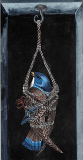 Painting of a blue and brown bird, bound and caged in a box by Valerie Xanos. 