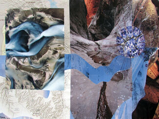 Blue, orange, and neutral-colored collage featuring land and space-related images by Valerie Xanos. 