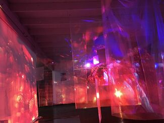 Still of a red and blue video and sound installation by Valerie Xanos. 