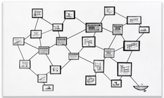 Varying panels connected by black lines, by Lora Fosberg. 