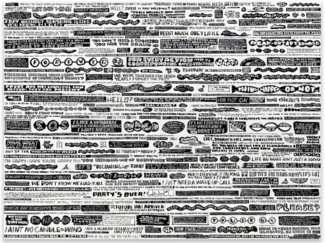 Graphic painting by Lora Fosberg of varying stylized text blocks. 