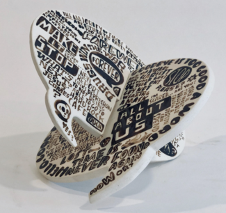 Porcelain sculpture by Lora Fosberg, mimicking speech bubbles with varied stylized text. 