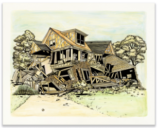 Painting by Lora Fosberg of a damaged house. 