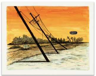 Painting by Lora Fosberg of a sunset over a road lined with trees and electrical lines. 