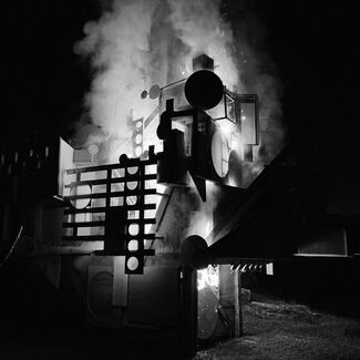 Black and white capture of a geometric installation by Amy Yoes. 