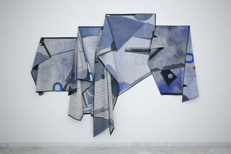 Abstract and geometric blue and grayscale folded installation by Amy Yoes