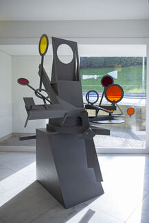 Geometric sculptural installation by Amy Yoes featuring translucent primary colored circles. 