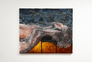 Blue, orange, black, red, and white abstract oil painting by Emma Stine of a subject looking over a landscape.