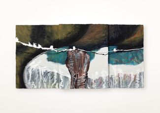 Blue, green, black, white, and yellow abstract oil painting by Emma Stine. 