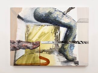 Oil painting by Emma Stine if abstracted limbs made with black, white, yellow, red, and blue. 