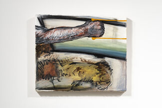 Abstract oil painting by Emma Stine made with black, white, red, orange, green, and blue. 