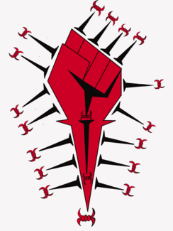Red, black, and white graphic of a fist and imagery of barbed wire and spikes, by Arturo Barrera.