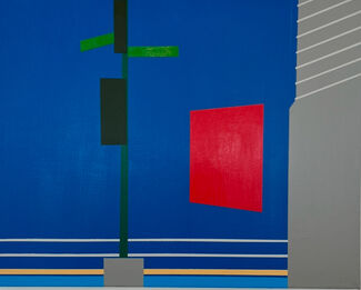 Blue, gray, yellow , green, and red minimalist rendering of a street corner, by Arturo Barrera.