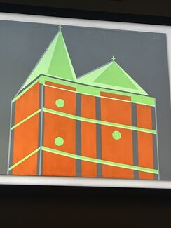 Orange, gray, and green minimalist rendering of a building's exterior, by Arturo Barrera.