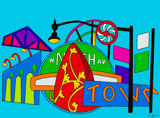 Colorful graphic illustration by Arturo Barrera of various street sign and lamp imagery. 