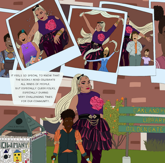 An illustration of polaroids of people that says "It feels so special to know that the books I read celebrate all kinds of people, but especially queer folks, especially during very challenging times for the community."