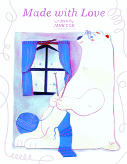 A polar bear with glasses knitting in front of a window. Blues and purples are prominent. By Alex Perkins.  