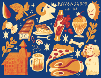 Orange scale icons of food, animals, drinks, plants, etc. against a navy background by Alex Perkins. 