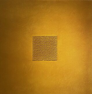 A multitude of raised golden dots form the shape of a square against a golden background, by Gunjan Chawla Kumar. 