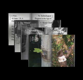 Display of four spreads from a publication with plant imagery. 