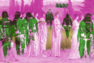Pink scale print of various people with fair skin tones standing in an agricultural landscape with pops of green and ocher. 