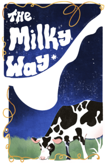 A cow eats grass under a blue and black sky, by Alex Perkins. 