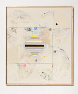 A painting hanging on a wall with geometric shapes and circles in beige tones.