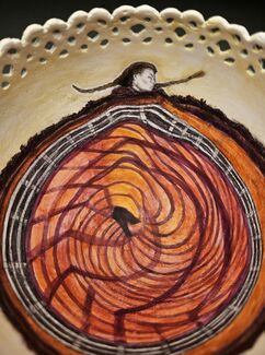 Brown, orange, and white painting by Emily Miller of a subject and geometric shapes, inside an eggshell. 