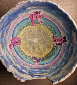 Blue, green, yellow, pink, and purple painting by Emily Miller of cats, dogs, and people, inside of an eggshell.