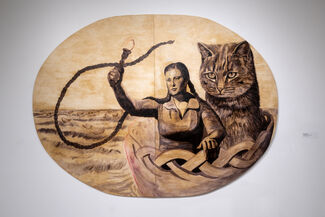 Brown-scale painting by Emily Miller of a person with two braids, a lasso, and a human-sized cat.