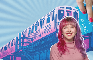 Blue and white background with pink and blue train