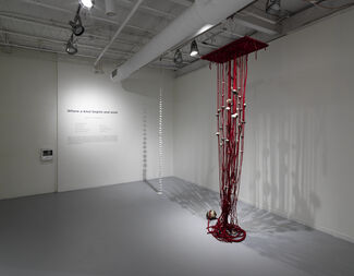 A white porcelain and metal sculpture and a red sculpture made of wool, cotton, dye, metal, ceramic, and wax suspended from the ceiling.