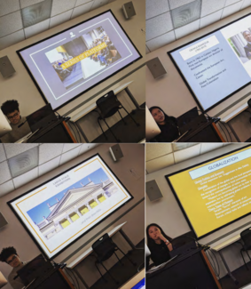 4-panel grid of two students presenting slideshows. 