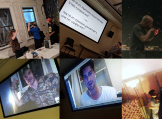 Six-panel grid of video calls, a slideshow, performance, and people looking out of a window. 