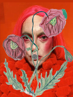 Digital collage of hand drawn flowers over a portrait of a person dressed and made up in red against a red background.