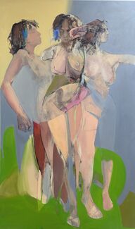 Yellow, periwinkle, green, blue, brown, and beige mixed media piece by Melanie Brown of three standing figures. 