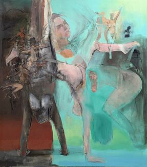 High contrast brown, blue, red, gray, and beige painting by Melanie P. Brown of moving figures.