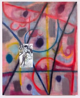 Colorful abstract painting with a small, grayscale painting of a figure on top, by Peter Fagundo. 