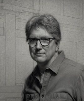 Grayscale drawn portrait of David Jamieson. 